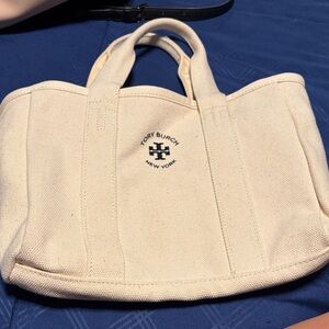 Tory Burch Ivory Canvas Tote with Black Logo
